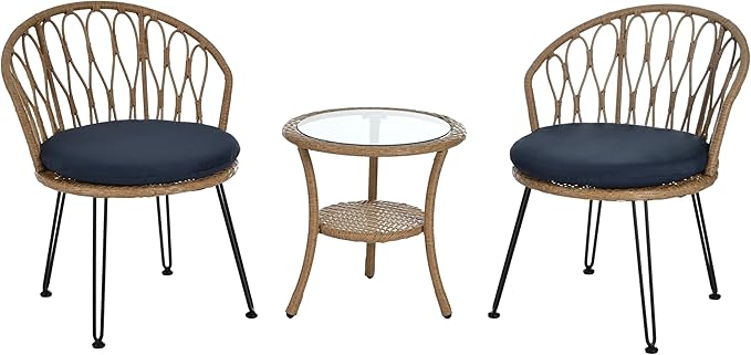 Montary 3 - Piece Outdoor Leisure Set,2 Stylish Hand - Woven Rattan Single Chairs & a Sturdy Tempered Glass Round Table - Ideal for Relaxing on Balconies and Courtyards,Natural & Blue