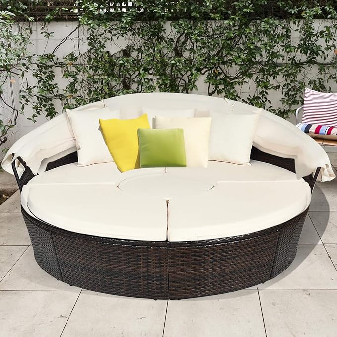 Tangkula Patio Round Daybed with Retractable Canopy, Outdoor Wicker Rattan Furniture Sets, Sectional Sofa Set w/Height Adjustable Coffee Table, Rattan Conversation Sets