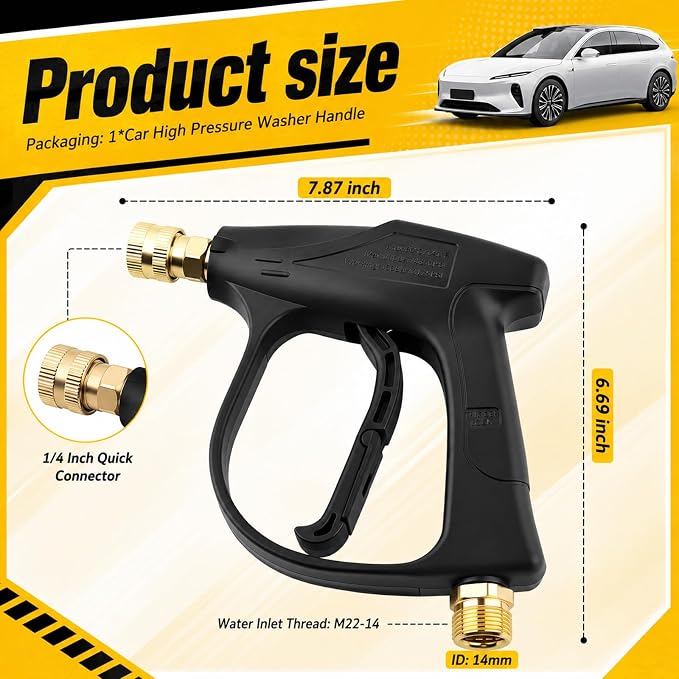High-Pressure Car Short Pressure Washer Gun,Stubby Pressure Washer Gun with Safety Lock & M22-14 Thread & 1/4" Outlet Quick Connect,4350 PSI Max Pressures Washers Short Guns