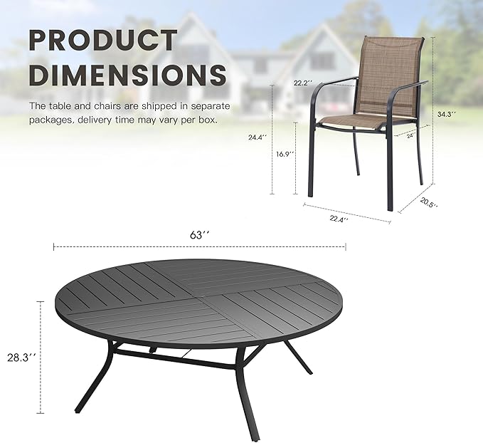 11 Pieces Outdoor Dining Set, Stackable Textilene Paito Chairs & 63.1" Round Dining Table with Umbrella Hole, Patio Dining Set for Backyard, Deck, Garden, Brown & Black