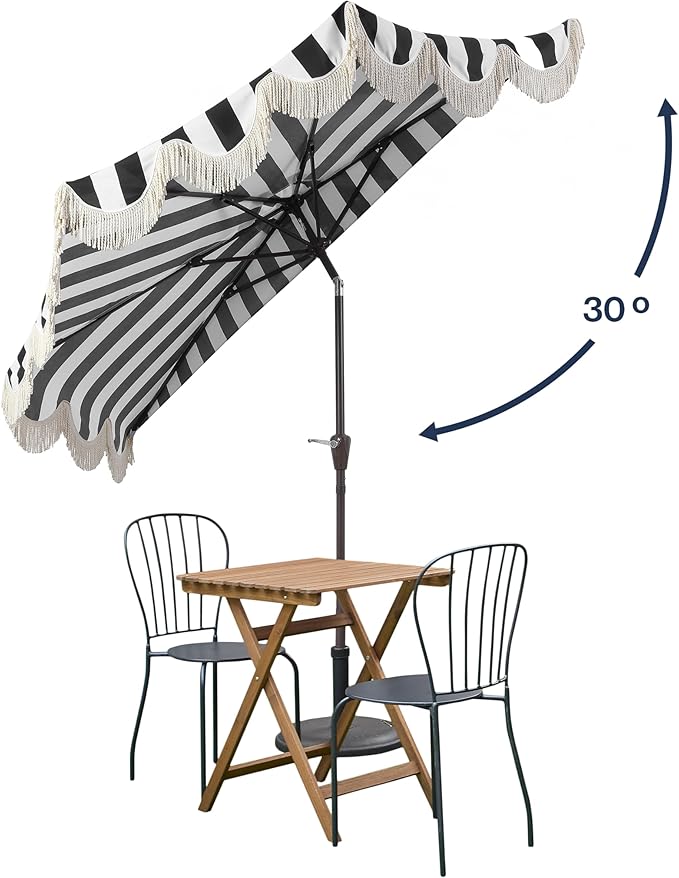 JONATHAN Y Beverly 9 ft. Coastal Black and White Striped Half Patio Umbrella with Scalloped Fringe, Crank Lift, and Manual Tilt for Balcony, Dark Brown Pole UMB1201A