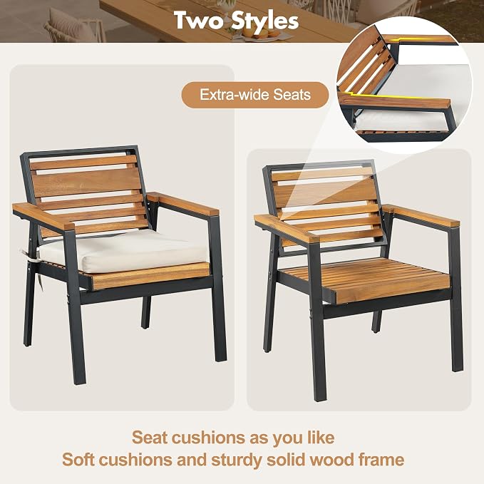 Outdoor 7-Piece Patio Dining Set, Acacia Wood with Iron Frame, All-Weather Rectangle Table and 6 Chairs with Dual-Layer Iron & Wood Seat Frame and Cushions for Backyard Poolside (Beige-5.14G)