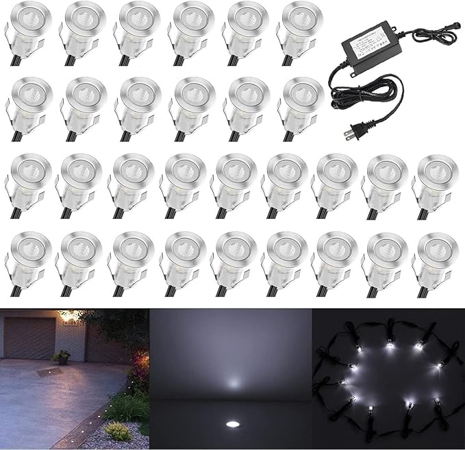 Φ0.7 Tiny LED Deck Lighting Kit, 0.4W Low Voltage Decking Stairs Light Stainless Steel Waterproof Recessed Wood Garden Yard Patio Decor Lamp Outdoor LED Lighting, 7Lm Cool White Pack of 30