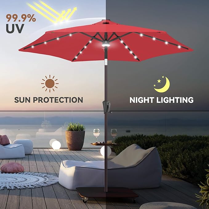 7.5ft Solar Umbrella Outdoor - Lighted Solar Patio Umbrella with 24 LED Lights Waterproof UV Protection, Table Umbrella with Tilt for Pool, Porch, Garden, Deck, Backyard (Red)