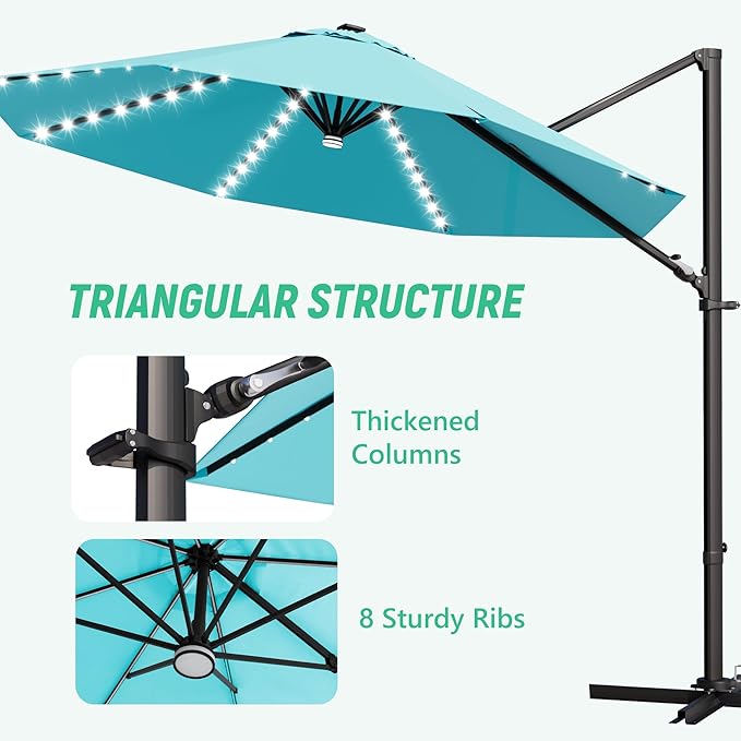 Greesum 10FT Outdoor Patio Umbrella with High Pedel and 4 Gear Heights, Large Offset Umbrella with Solar LED Lights and 360-degree Rotation, Without Base, Hanging Outdoor Shade for Garden, Light Blue