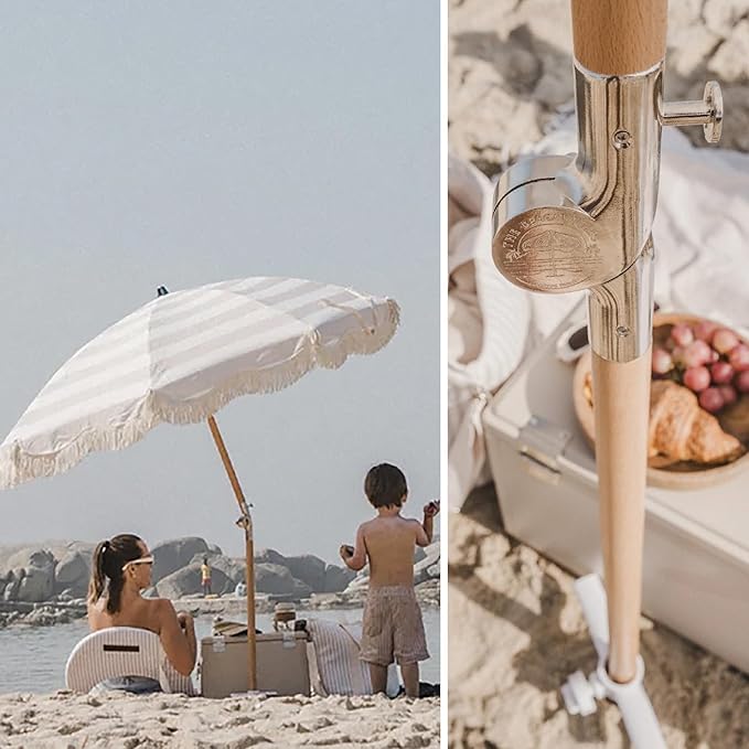 Beach Umbrella for Sand with Fringe – Luxury Boho Outdoor Umbrella for Beach, Pool, Garden, UPF 50+ Wood Shaft Metal Fittings Round with Carry Bag From