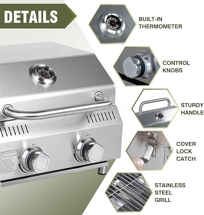Bestfire Tabletop Gas Grill 2 Burners, 20,000 BTUs Stainless Steel Portable Propane Grill with Legs for Outdoor Patio Backyard Camping, Tailgating, and RV Trips