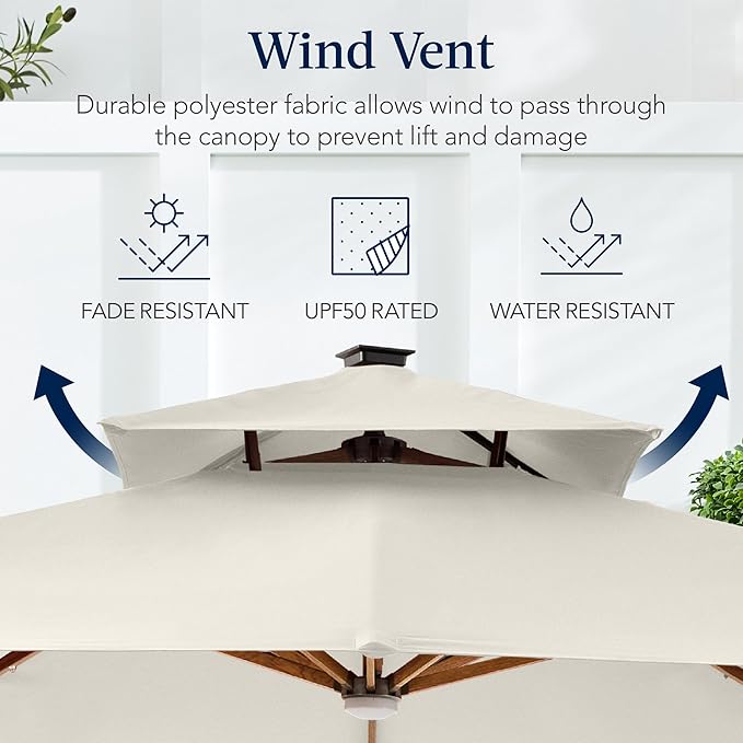 Best Choice Products 10ft Square Cantilever Patio Umbrella w/Base Included, Woodgrain Pattern Pole & Solar LED Lights, 360-Rotation, Offset Hanging Outdoor Shade