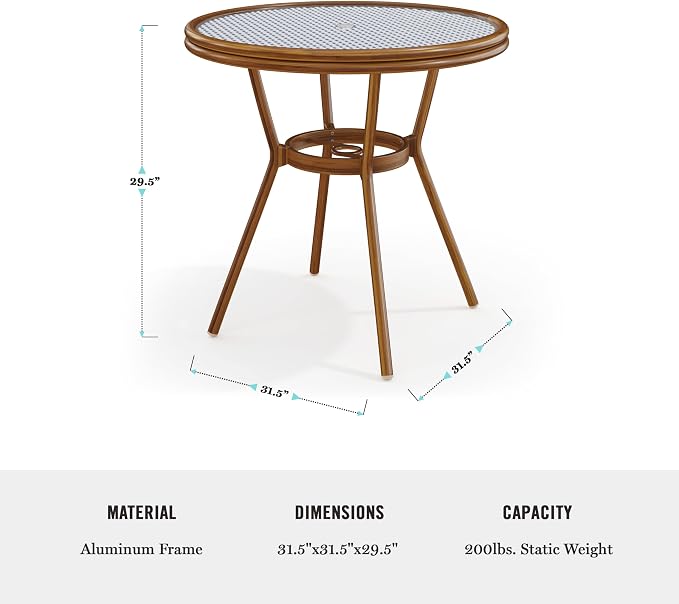 Martha Stewart Lily Pond 31” Round Indoor-Outdoor Bistro Dining Table with Aluminum Frame in Natural Woodgrain and Rattan Top in White/Navy with Tempered Glass Top