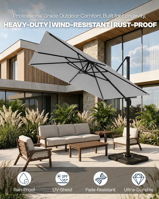 9x9 FT Square Cantilever Umbrella,Easy Tilt, Fade Resistant & 360° Rotation, Offset for Pool Deck Backyard Patiolight gray (Base not Included)