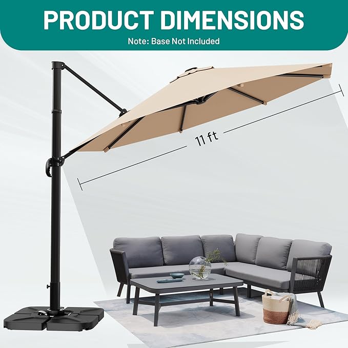 AreShark 11FT Cantilever Patio Umbrella, 360-Degree Rotation Round Hanging Offset Umbrella with Crank, Heavy Duty Patio Umbrella for Patio, Pool, Garden, Deck, Beige