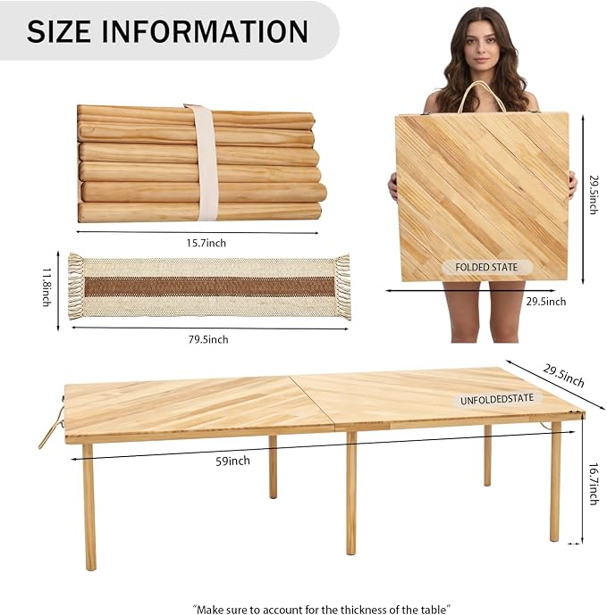 Boho Picnic Table, Portable Low Floor Sitting Table, Outdoor Folding Low Picnic Table for 6 Person, Wooden Low Table with Table Runner for Backyard, Beach, Camping, Wedding