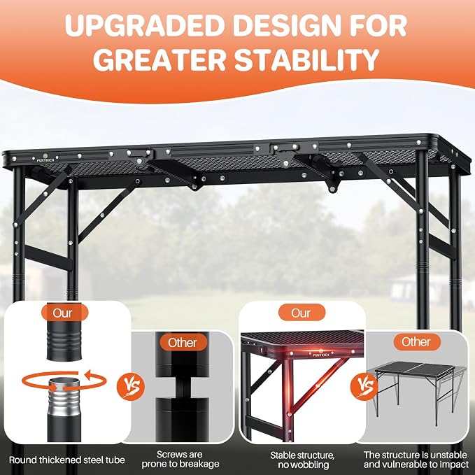 FUNYKICH 3ft Folding Grill Table for Outside 35.4''x15.7'', Max Height 29.4'' Portable Camping Tables, 3 Height Adjustable Lightweight Metal BBQ Table with Carry Handle for Camping, Picnic, BBQ, Black