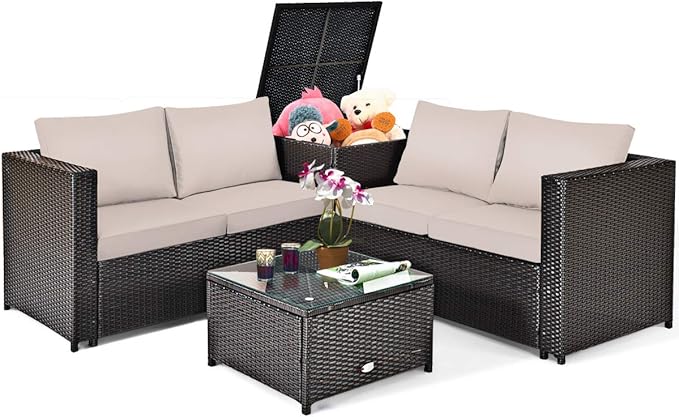Tangkula 4 Piece Wicker Patio Set with Storage, All Weather-Proof Outdoor Conversation Set, with Loveseat, Glass Top Coffee Table & Storage Box, Suitable for Garden, Poolside, Sunroom (1, Brown)