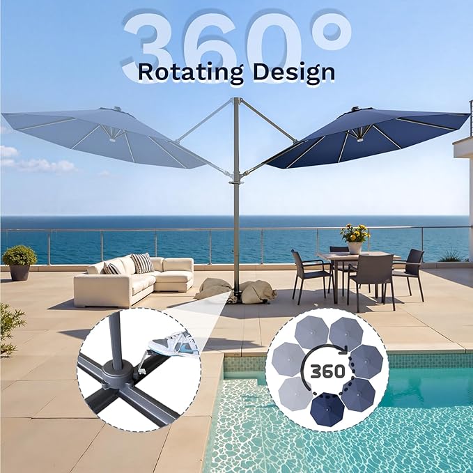 Devoko 10ft Solar LED Patio Umbrella, Round Cantilever Outdoor Umbrella with Solar Lights and 360-Degree Rotation, Large Hanging Offset Market Umbrella with Easy Tilt for Patio Deck Garden, Navy Blue