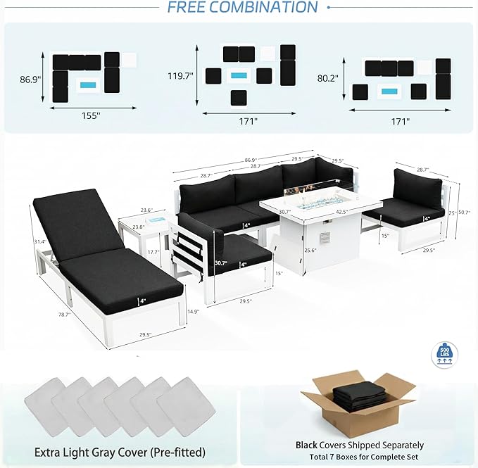 NICESOUL 6 People Large Luxury Aluminum Patio Conversation Set with Lounge & Fire Pit Table, 29" Deep Wide Modular Sectional Couch, 500 lbs Heavy Duty All Weather Outdoor Sofa for Poolside Deck, Black