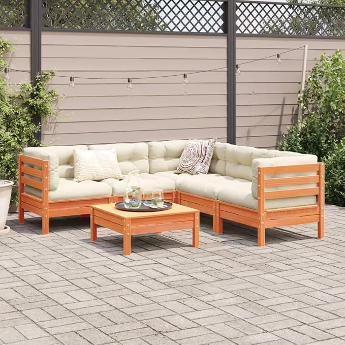6 Piece Patio Sofa Set with Cushions, Patio Conversation Set Garden Lounge Set Porch Furniture Set Outdoor Dining Sets for Poolside Piazza Exhibition Wax Brown Solid Wood Pine