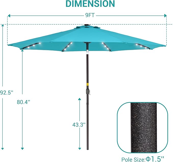 9ft Patio Umbrella Outdoor with Solar Lights,32 LED Lighted Table Market Umbrella with Tilt and Crank, 2-Year-Non-Fading, 8 Sturdy Ribs,for Pool, Deck, Garden,Backyard