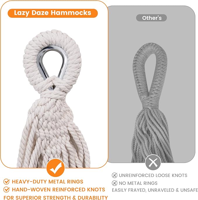 Lazy Daze Hammocks Double Brazilian Cotton Hammock, Extra Large Portable Outdoor Camping Hammock with Tree Straps & Travel Bag for Backyard Patio Poolside Indoor, 550lbs Capacity, Brown & Khaki