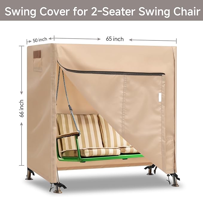 Outdoor Swing Covers for Patio Swing 2 Seater, 65" L x 50" D x 66" H, 2 Seat Swing Cover Waterproof, Porch Patio Swing Canopy Cover, Windproof UV Resistant All Weather Protector - Beige