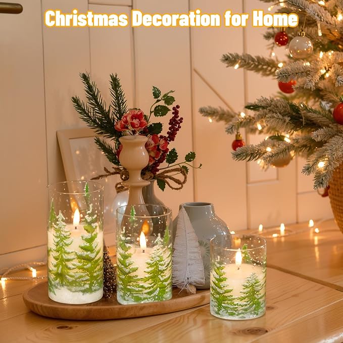 Wondise Rechargeable Christmas Glass Flameless Candles with Remote Timer, Battery Operated LED Real Wax 3D Wick Candles with Charging Base, Set of 3 Christmas Home Decoration Gifts(3 x 4 5 6 Inch)