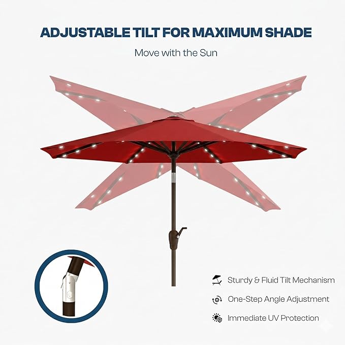10FT Solar Patio Umbrella with Lights, Outdoor Table Market Umbrella with 32 LED Lights, 8 Sturdy Ribs, Push Button Tilt and Crank for Pool, Deck and Garden, UV-Resistant