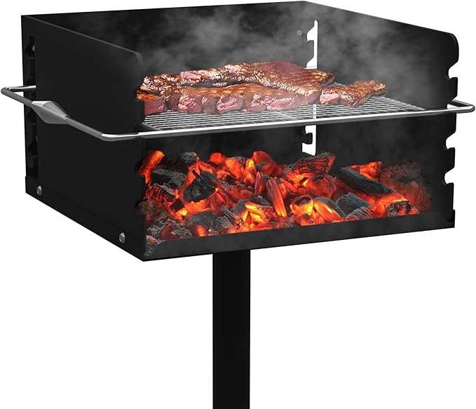Park Grills, 256 Sq. In, Park Style Charcoal Grill, Heavy Duty In Ground Park Grill with Stainless Steel Cooking Grate and Cover for Commercial and Outdoor Cooking 16'' L x 16'' W x 8'' H