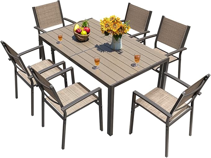 Homall 7 Pieces Patio Dining Set Outdoor Furniture with 6 Stackable Textilene Chairs and Large Table for Yard, Garden, Porch and Poolside (Beige)