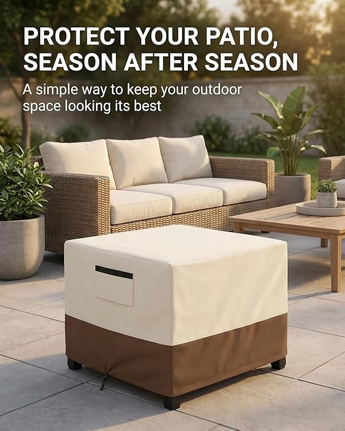 Waterproof Patio Ottoman Cover, Square Outdoor Side Table Furniture Cover with Padded Handles, 600D Heavy Duty Windproof All-Weather Patio Furniture Cover,UV Resistant, 22 x 22 x 18 Inch, Beige&Brown