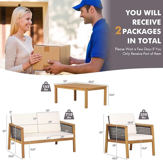 HAPPYGRILL 4 Pieces Patio Conversation Set Acacia Wood Furniture Set with Coffee Table, PE Rattan Wicker Sofa Set with Soft Cushions for Outdoor Garden Deck Poolside