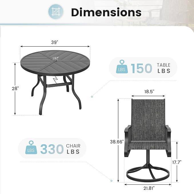 5 Pieces Patio Dining Set, Patio Outdoor Furniture Set of 4 Patio Swivel Dining Chairs and 39" Patio Spliced Round Tabletop with Umbrella Hole, for Deck, Backyard, Poolside & Garden