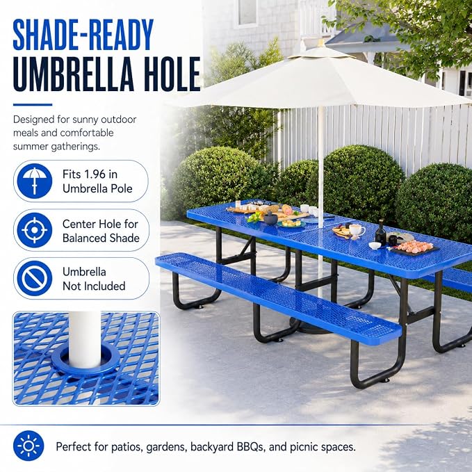 8FT Commercial Outdoor Metal Picnic Table with Umbrella Hole, Heavy-Duty Steel Patio Table & Benches, Seats 8-10 Adults, Weatherproof for Parks, Schools, Campgrounds & Backyards (Blue)