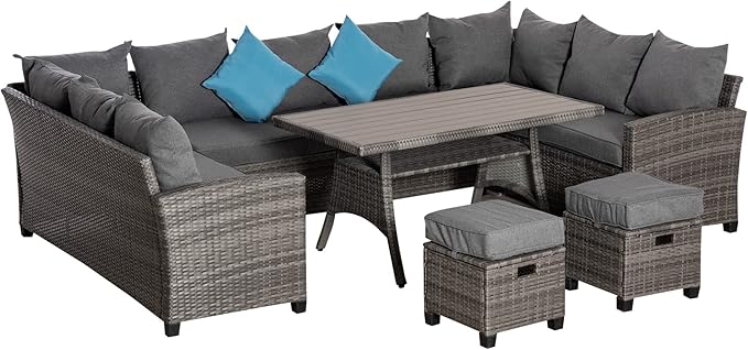 Outsunny Patio Furniture Set, 6 Piece PE Wicker Outdoor Furniture, Conversation Set with Ottomans, Table & Chairs, All Weather Sectional Sofa Couch, Blue Pillows, Gray
