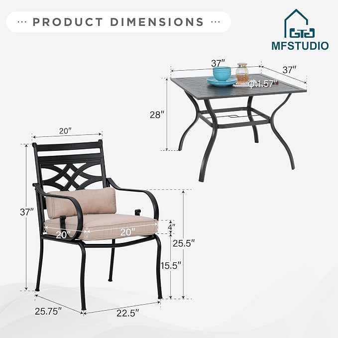 MFSTUDIO 5-Piece Patio Dining Set, 37" Square Metal Table, Fixed Chairs | Umbrella Hole, Seats 4, All-Weather Use