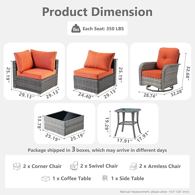 Wicker Patio Furniture Set, 8 Pieces Outdoor Sectional Sets with 6 Seats, Rattan Conversation Set with Swivel Chairs for Garden and Backyard, l Shape Couch Set