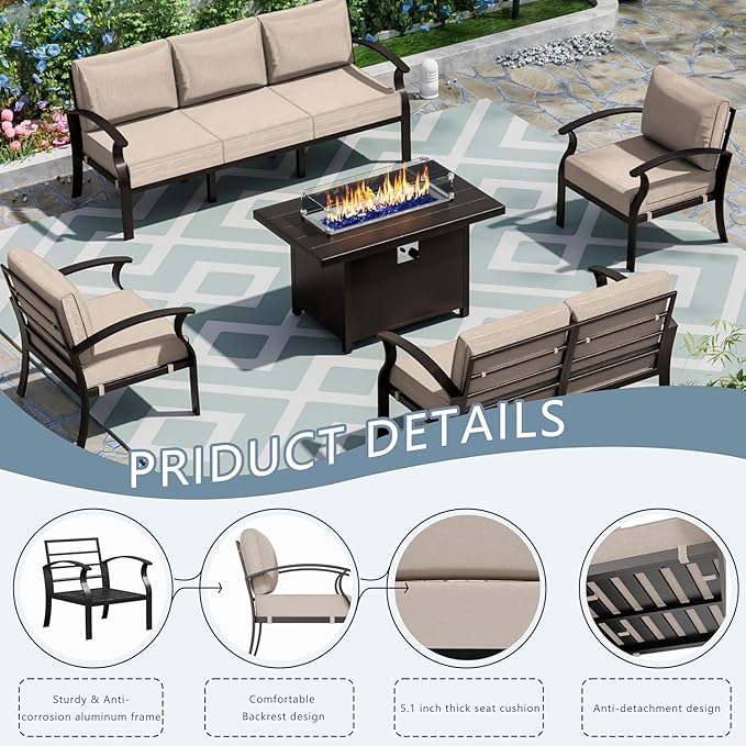 Patio Furniture Set 5-Piece Aluminum Armrest Sofa, Modern Outdoor Living Room Set with 55000 BTU Propane Aluminum Fireplace, Outdoor Rotary Joystick with Thick Cushion