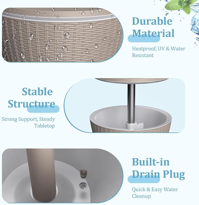 Outdoor Side Table, Cooler Bar Table, Weather Resistant Patio End Tables, Patio Furniture for Garden, Porch, Pool, Lawn, Backyard or Indoor