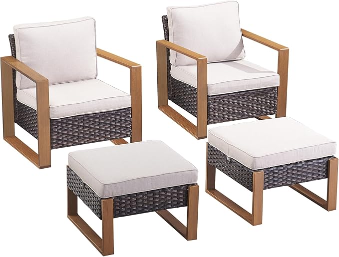 Rilyson Outdoor Wicker Patio Furniture Set - 4 Piece Patio Conversation Set with 2 Wicker Armrest Chairs,2 Rattan Ottoman, Sturdy Frame, Thick Cushions, Deep Seating(Brown/Beige)