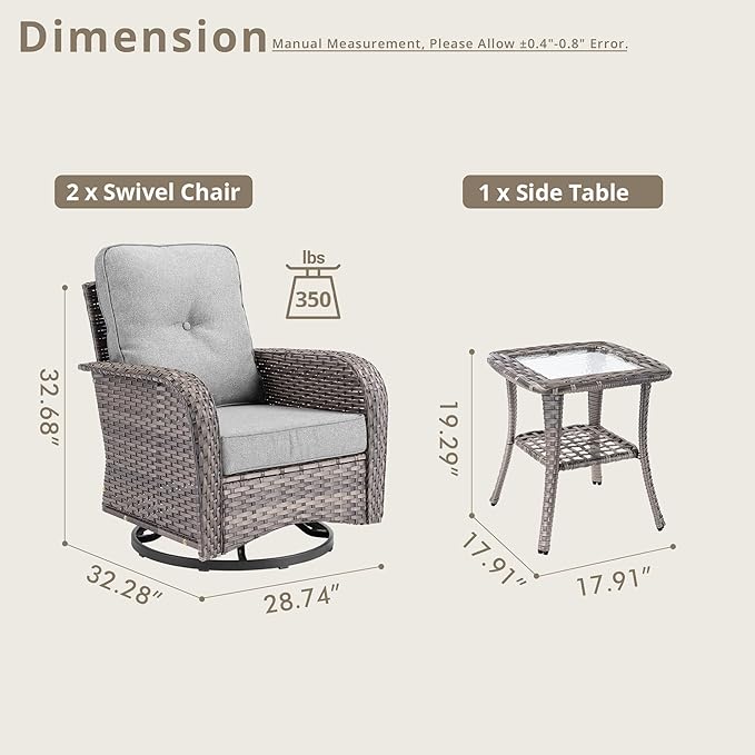 Outdoor Swivel Rocker Patio Chairs, 3 Piece Patio Furniture Set with Glider Chairs and Wicker Coffee Table, All Weather Rattan Chair Set for Porch Deck Yard Balcony, Dark Gray