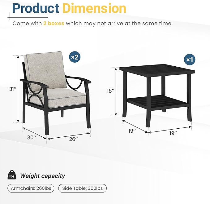 RoyalCraft Outdoor Patio Furniture Set, 3 Piece Patio Conversation Set, Metal Furniture Set for Porch Backyard,Khakiwith Gray Cushions,Black
