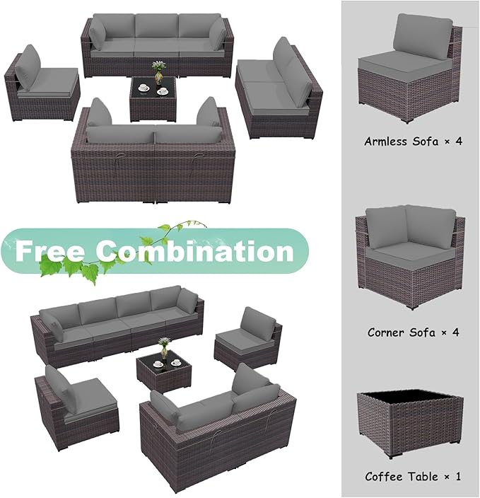 ALAULM 9 Pieces Patio Furniture Set Wicker Patio Conversation Set with 4 Corner Sofas, Outdoor Sectional Furniture w/Coffee Table & Washable Seat Cushions-Grey