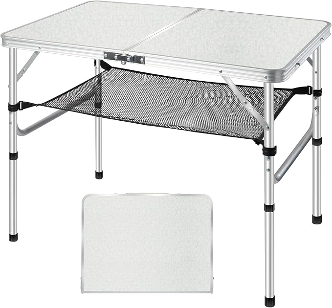 Medium Folding Table, 35" x 24" Portable Camping Table with 2 Adjustable Height Max 28", 3FT Foldable Table with Storage Net, White Metal Table for Patio, BBQ, Camping and Backpacking