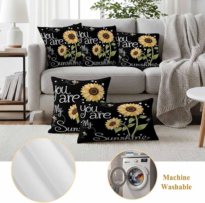 Outdoor Pillow Covers You are My Sunshine Words Decorative Throw Pillow Covers, Country Sunflowers Bees Throw Cushion Case with Zipper for Patio,Couch,Sofa,Garden 20x12in Set of 2