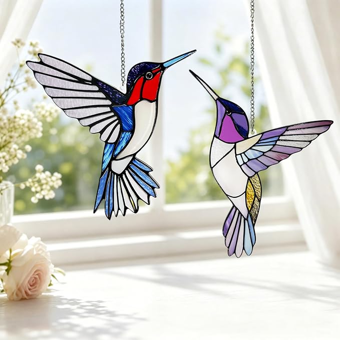 Hummingbirds Suncatcher Stained Glass, Hummingbird Suncatcher Ornament, Hummingbird Suncatcher for Grandma/Mom/Women (Purple)