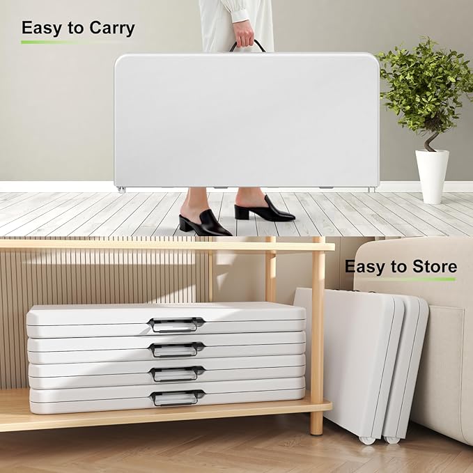 34" Square Folding Table, Plastic Card Table with Carrying Handle, Fold-in-Half Utility Portable Dining Tables Indoor Outdoor for Kitchen, Party, Picnic, Camping, Office, Wedding, White