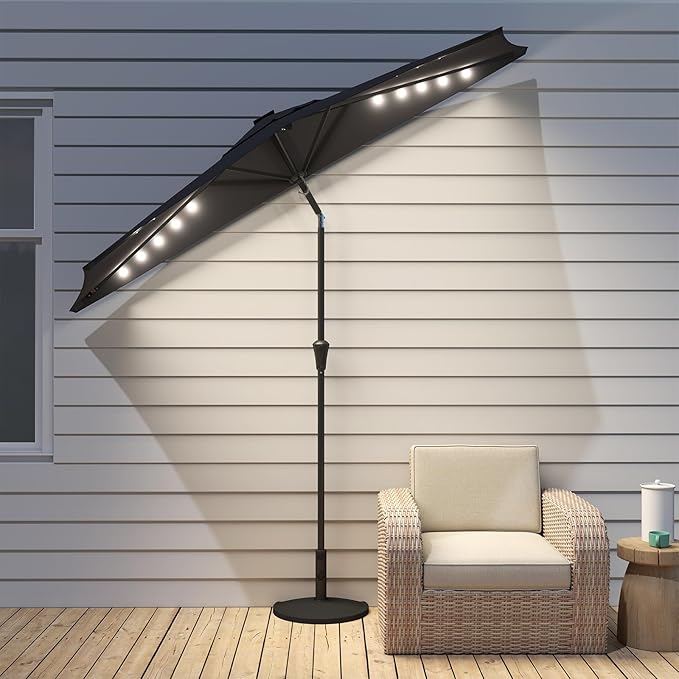 Helios&Hestia 9 ft Small Half Round Solar Powered Wall Outdoor Market Patio Umbrella with LED Lights and Tilt for Garden, Deck, Balcony