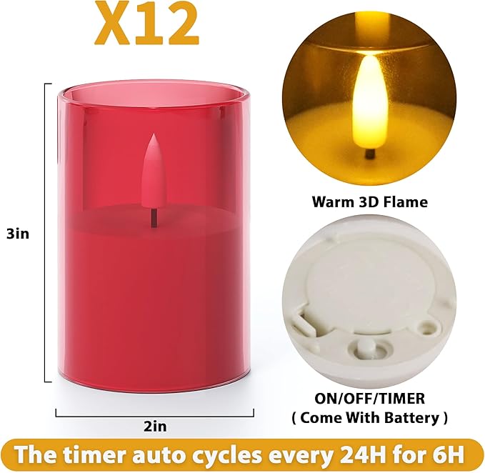 VIODAIM 12Pack Flickering Flameless LED Candles with Timer, Battery Powered - Small Pillar & Votive, Red (2"X3")