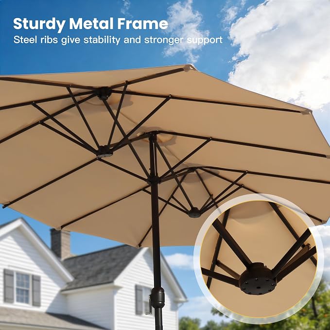 7 Pieces Patio Dining Set with Patio Umbrella, Outdoor Furniture of 63" Rectangular Patio Table and Patio Swivel Chairs for Backyard Lawn Garden, Black Table and Mixed Brown Chairs