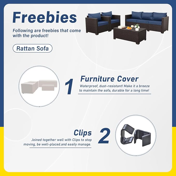 Rattan Star 4 Piece Patio Furniture Set 45In Fire Pit Table Outdoor Furniture Sets Patio Couch Outdoor Chairs 50000 BTU Propane Fire Pit with No-Slip Cushions and Waterproof Covers, Navy Blue