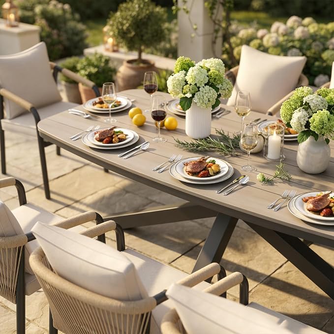 SUNSITT 9 Piece Outdoor Patio Dining Set, Patio Dining Furniture Set with 87” Aluminum Dining Table w/X Base Legs and 8 Woven Wicker Patio Chairs w/Curved Backrest for Garden, Dark Grey